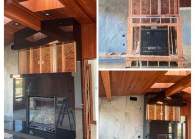 Before-and-after image showcasing a modern fireplace installation with sleek black cabinetry and wooden accents, illustrating renovation expertise by NorthWest Granite & Flooring LLC.