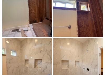 Before and after images of a bathroom renovation showcasing new marble tile walls and updated fixtures, highlighting NorthWest Granite & Flooring LLC's remodeling expertise.